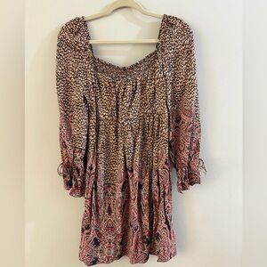 Anthropologie Maeve Smock Leopard Paisley Peasant Tie Dress
